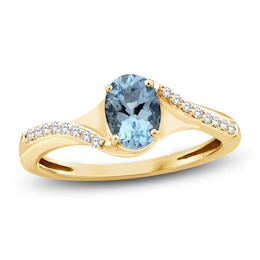 Oval-Cut Natural Aquamarine & Diamond Ring 1/10 ct tw 10K Yellow Gold