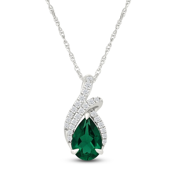 Pear-Shaped Lab-Created Emerald & White Lab-Created Sapphire Necklace Sterling Silver 18"