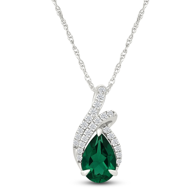 Main Image 1 of Pear-Shaped Lab-Created Emerald & White Lab-Created Sapphire Necklace Sterling Silver 18"