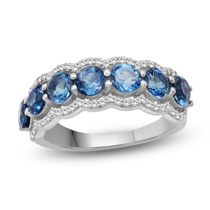 Main Image 1 of Natural London Blue Topaz & White Lab-Created Sapphire Seven-Stone Ring Sterling Silver
