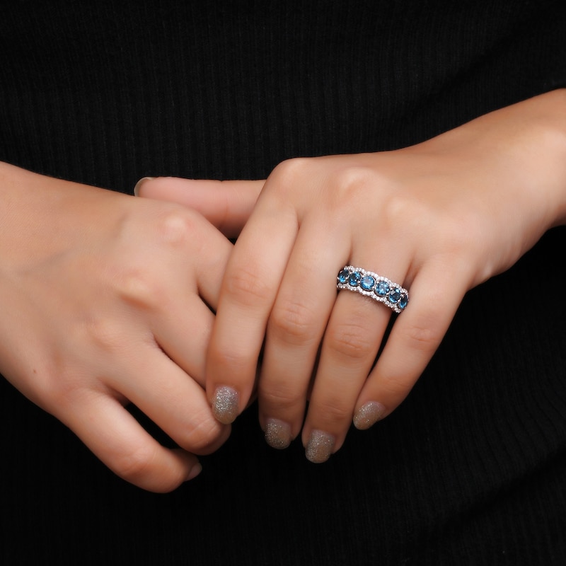 Main Image 3 of Natural London Blue Topaz & White Lab-Created Sapphire Seven-Stone Ring Sterling Silver