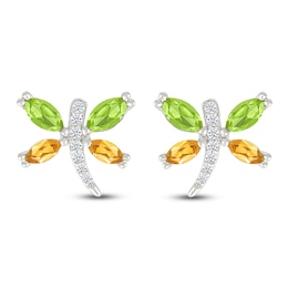 Marquise-Cut Peridot, Citrine & White Lab-Created Sapphire Dragonfly Stud Earrings Sterling Silver