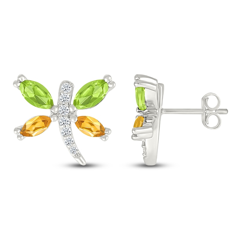 Main Image 3 of Marquise-Cut Peridot, Citrine & White Lab-Created Sapphire Dragonfly Stud Earrings Sterling Silver