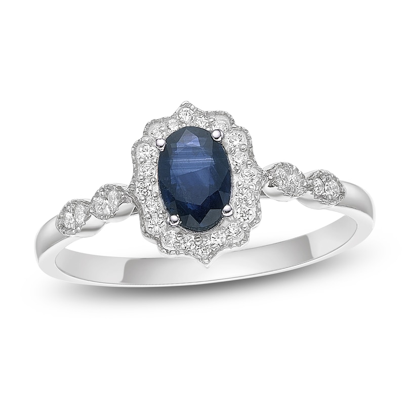 Main Image 1 of Oval-Cut Natural Blue Sapphire & Diamond Arabesque Halo Ring 1/8 ct tw 10K White Gold