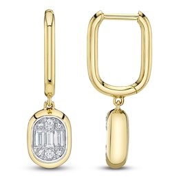 Shy Creation Baguette & Round-Cut Multi-Diamond Dangle Hoop Earrings 1/5 ct tw 14K Yellow Gold