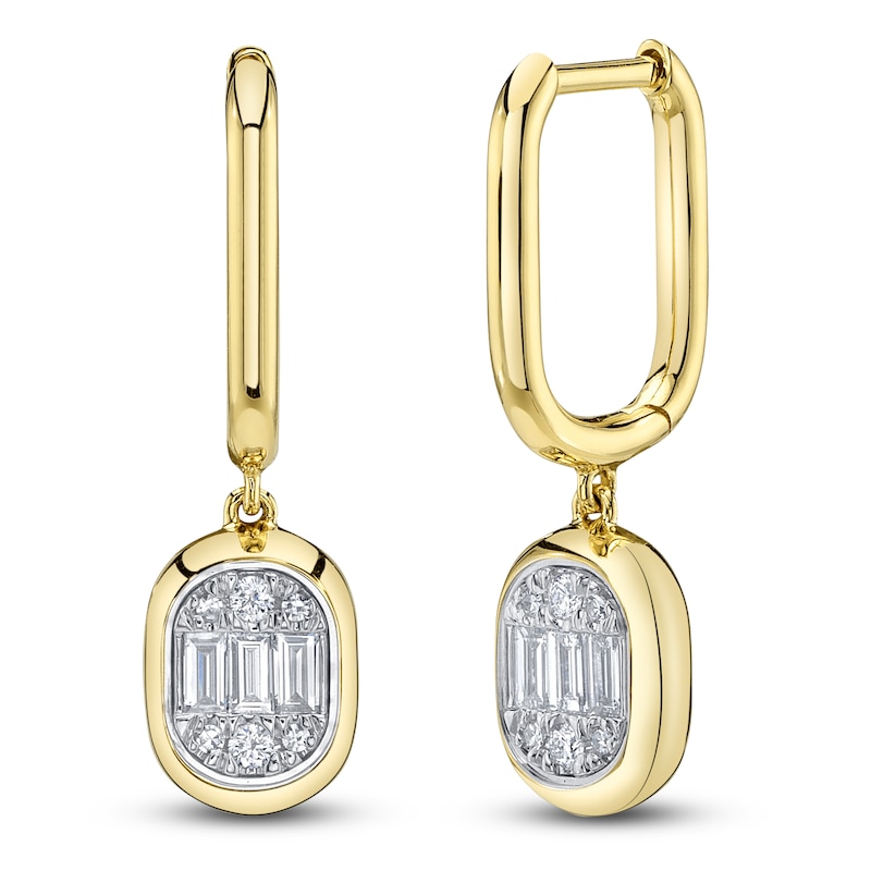 Main Image 2 of Shy Creation Baguette & Round-Cut Multi-Diamond Dangle Hoop Earrings 1/5 ct tw 14K Yellow Gold