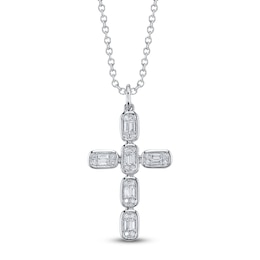 Shy Creation Baguette & Round-Cut Multi-Diamond Cross Necklace 1/4 ct tw 14K White Gold 18" SC55027790