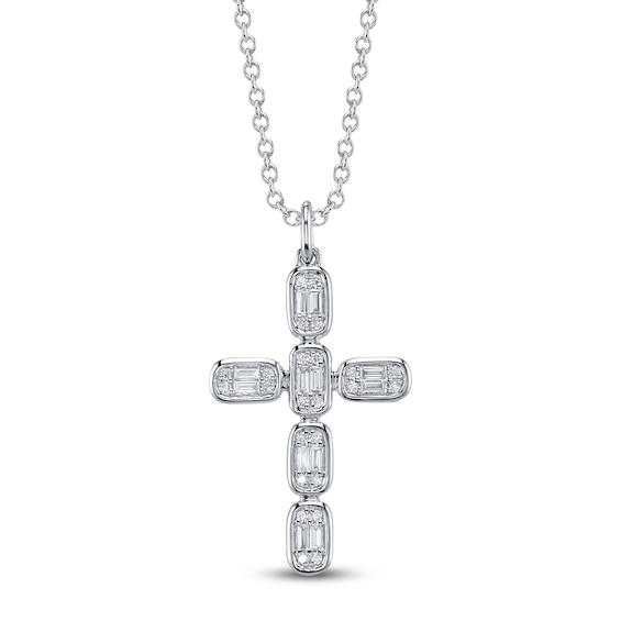 Shy Creation Baguette & Round-Cut Multi-Diamond Cross Necklace 1/4 ct tw 14K White Gold 18" SC55027790
