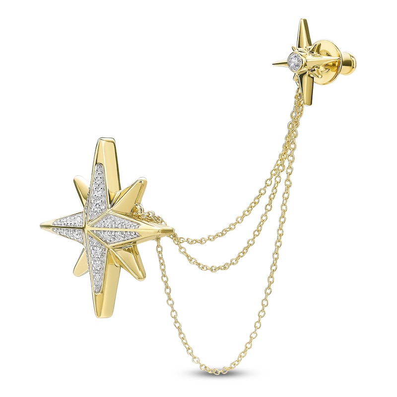 Main Image 2 of Men's White Lab-Created Sapphire Double Star Chain Brooch 18K Yellow Gold-Plated Sterling Silver