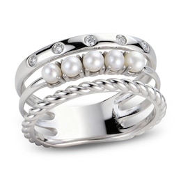 Cultured Pearl & White Lab-Created Sapphire Faux Stack Ring Sterling Silver
