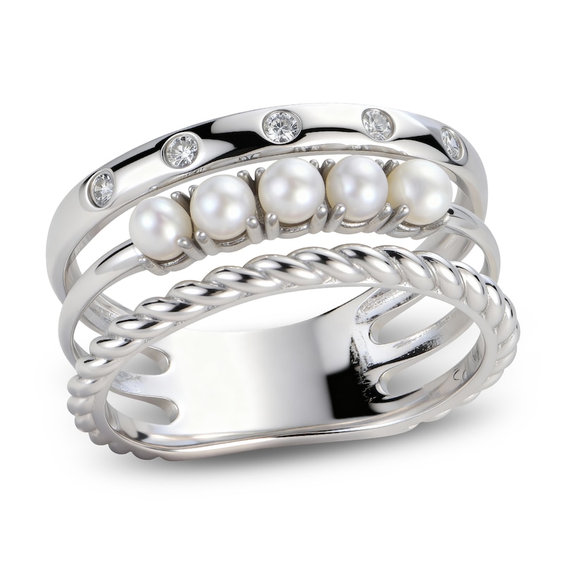 Main Image 1 of Cultured Pearl & White Lab-Created Sapphire Faux Stack Ring Sterling Silver