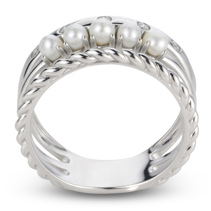 Main Image 2 of Cultured Pearl & White Lab-Created Sapphire Faux Stack Ring Sterling Silver