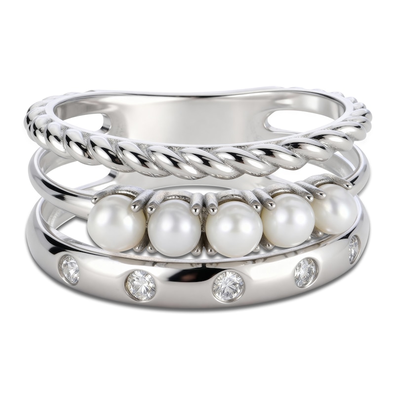 Main Image 3 of Cultured Pearl & White Lab-Created Sapphire Faux Stack Ring Sterling Silver