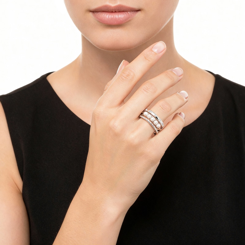 Main Image 4 of Cultured Pearl & White Lab-Created Sapphire Faux Stack Ring Sterling Silver