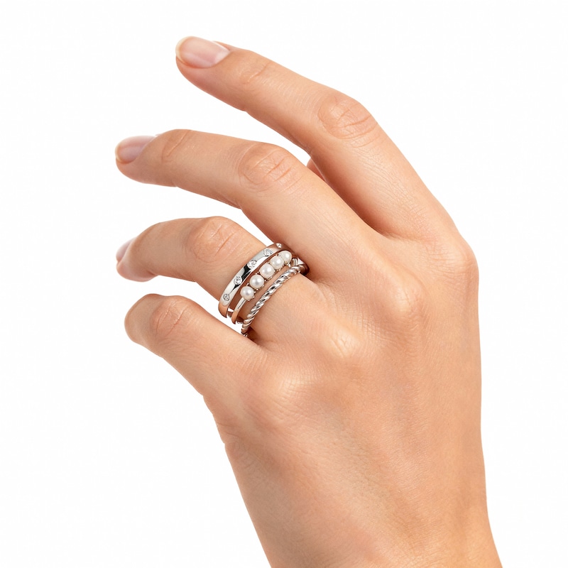 Main Image 5 of Cultured Pearl & White Lab-Created Sapphire Faux Stack Ring Sterling Silver