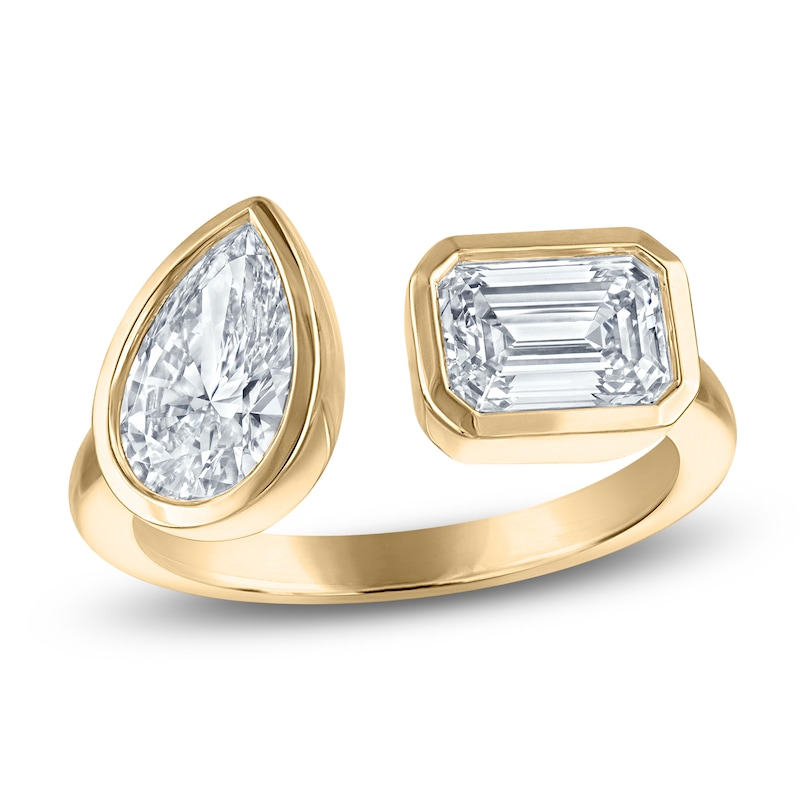 Main Image 1 of Jared Signature Bezel-Set Emerald-Cut & Pear-Shaped Lab-Grown Diamond Toi et Moi Open Shank Ring 3 ct tw 14K Yellow Gold