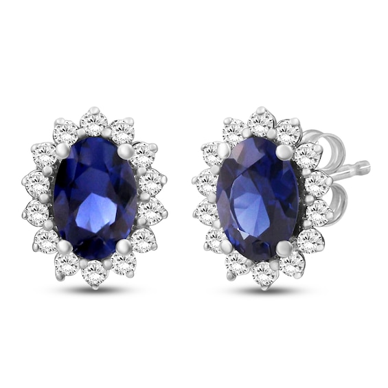 Oval-Cut Natural Blue Sapphire & Diamond Starburst Halo Stud Earrings 1/4 ct tw 14K White Gold