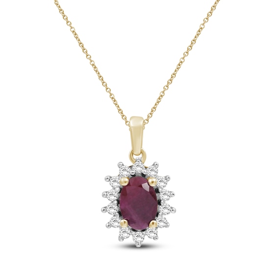 Oval-Cut Certified Natural Ruby & Diamond Starburst Halo Necklace 1/5 ct tw 14K Yellow Gold 18"
