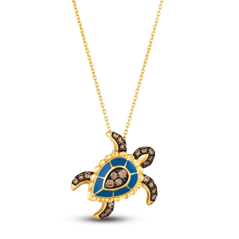 Main Image 1 of Le Vian Diamond Turtle Pendant Necklace 1/5 ct tw Round Blue Enamel 14K Honey Gold 19"