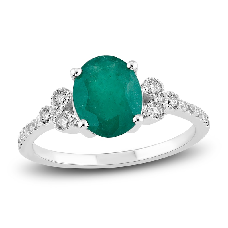 Main Image 1 of Natural Emerald Engagement Ring 1/6 ct tw Diamonds 14K White Gold