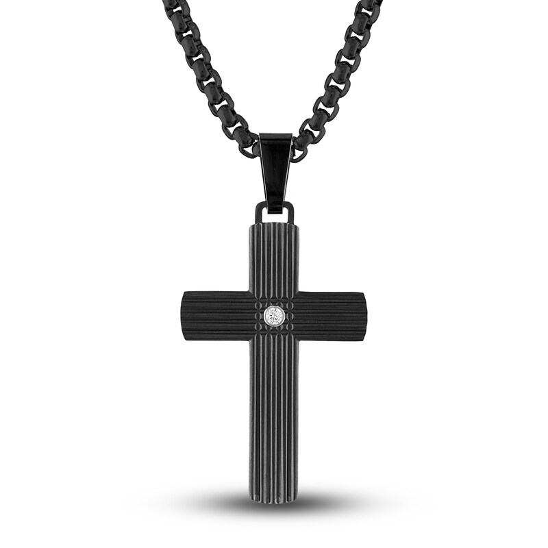 Main Image 1 of Men's Diamond Accent Cross Pendant Necklace 1/20 ct tw Round Black Titanium/Stainless Steel 22"