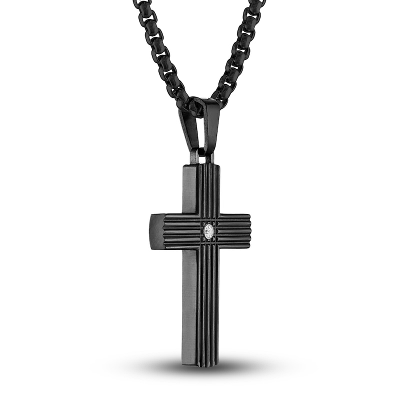 Main Image 2 of Men's Diamond Accent Cross Pendant Necklace 1/20 ct tw Round Black Titanium/Stainless Steel 22"