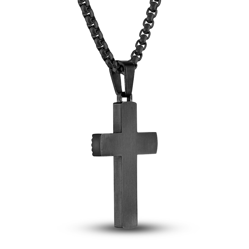 Main Image 3 of Men's Diamond Accent Cross Pendant Necklace 1/20 ct tw Round Black Titanium/Stainless Steel 22"