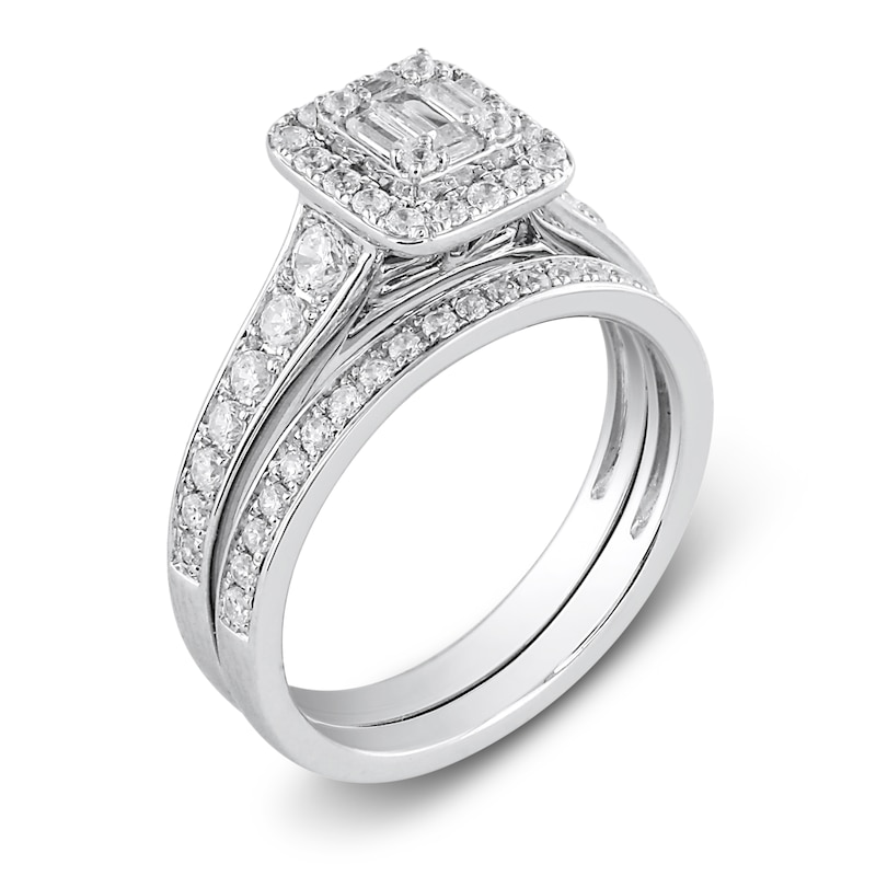 Main Image 2 of Diamond Halo Bridal Set 3/4 ct tw Baguette/Round 14K White Gold