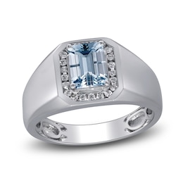 Men's Natural Aquamarine & Diamond Ring 1/5 ct tw 14K White Gold