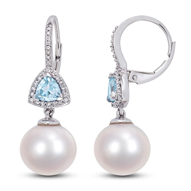 Main Image 1 of Freshwater Cultured Pearl & Natural Blue Topaz Drop Earrings 1/4 ct tw Diamonds 14K White Gold