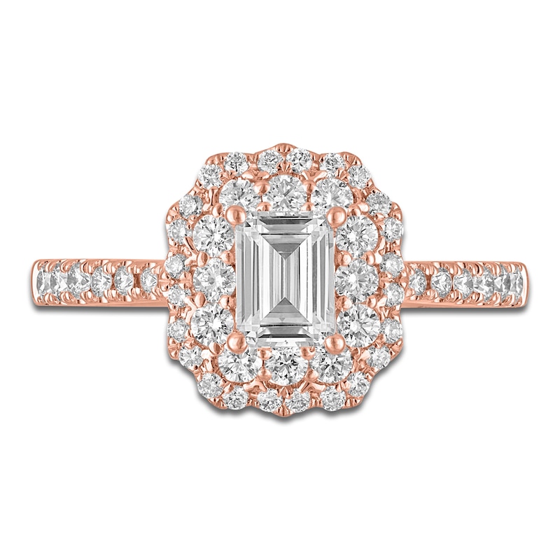 Main Image 3 of Emerald & Round-Cut Diamond Double Halo Engagement Ring 1 ct tw 14K Rose Gold