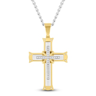 Men's Diamond Cross Necklace 1/8 ct tw Stainless Steel & Yellow Ion Plating 24"
