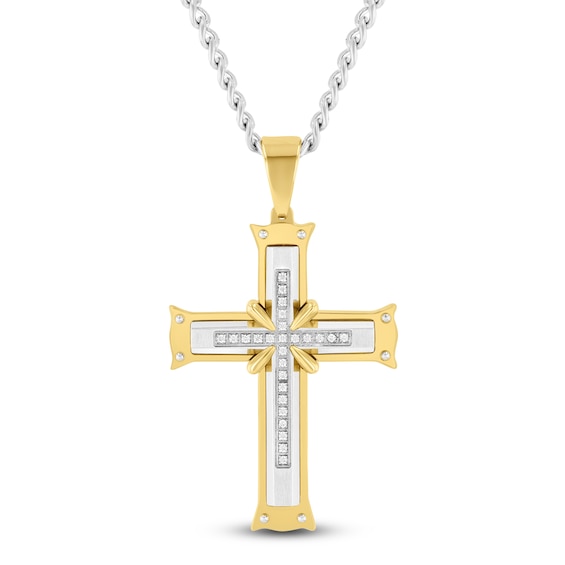 Men's Diamond Cross Necklace 1/8 ct tw Stainless Steel & Yellow Ion Plating 24"
