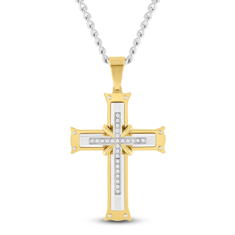 Main Image 1 of Men's Diamond Cross Necklace 1/8 ct tw Stainless Steel & Yellow Ion Plating 24"