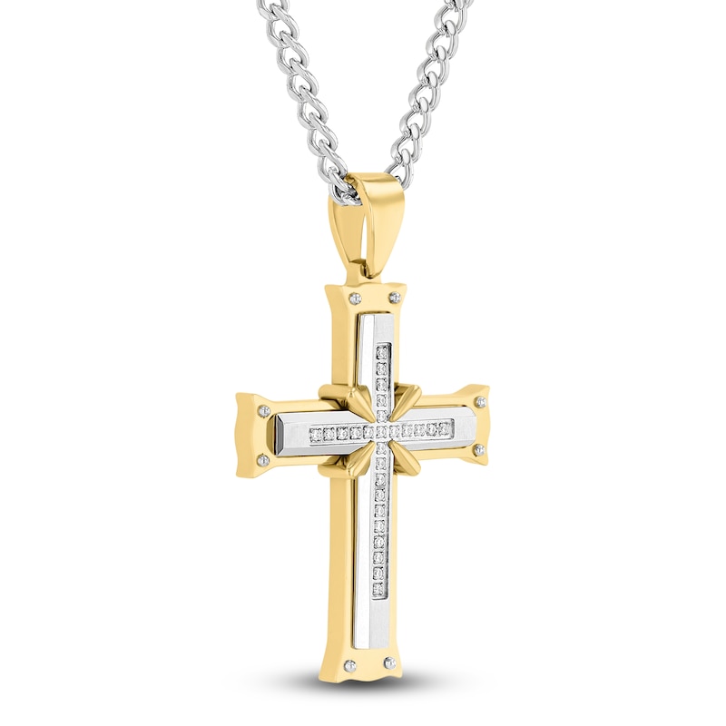 Main Image 2 of Men's Diamond Cross Necklace 1/8 ct tw Stainless Steel & Yellow Ion Plating 24"