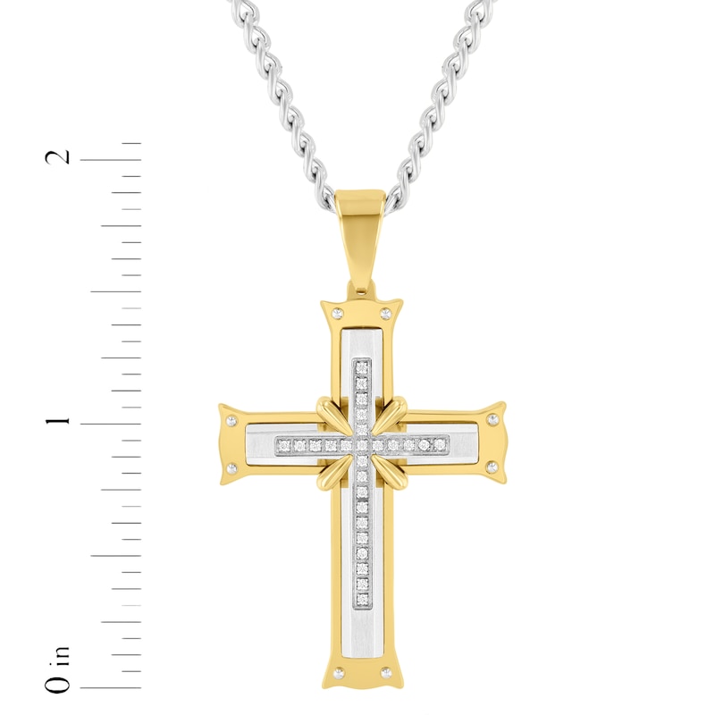 Main Image 4 of Men's Diamond Cross Necklace 1/8 ct tw Stainless Steel & Yellow Ion Plating 24"