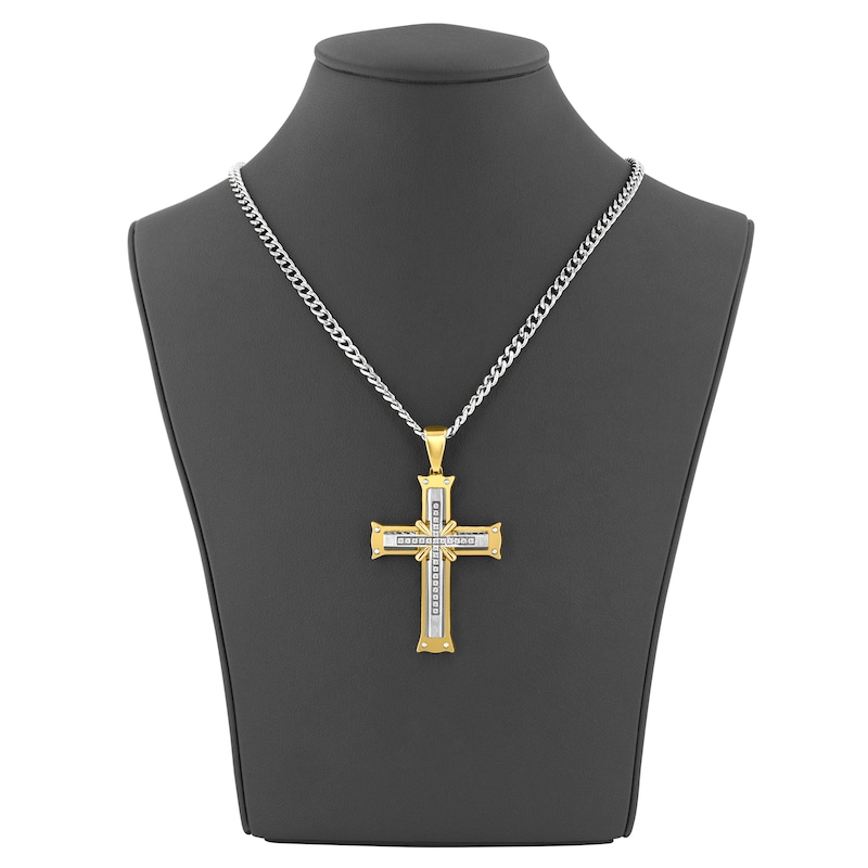 Main Image 5 of Men's Diamond Cross Necklace 1/8 ct tw Stainless Steel & Yellow Ion Plating 24"