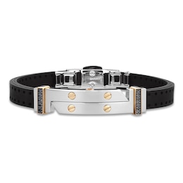 Baraka Men's Black Diamond Bar Bracelet with Rubber Strap 1/6 ct tw Stainless Steel & 18K Yellow Gold 7.75"