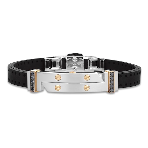 Baraka Men's Black Diamond Bar Bracelet with Rubber Strap 1/6 ct tw Stainless Steel & 18K Yellow Gold 7.75"