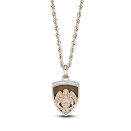 Men's Natural Tiger's Eye Quartz & Diamond Angel Warrior Shield Necklace 1/10 ct tw 14K Yellow Gold-Plated Sterling Silver 24"