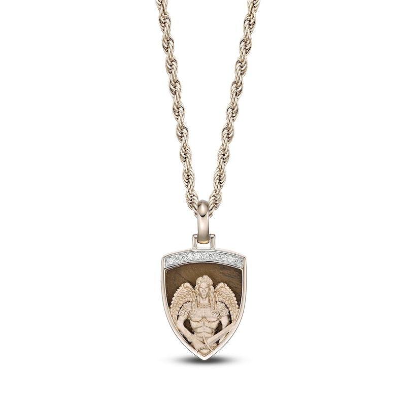 Main Image 1 of Men's Natural Tiger's Eye Quartz & Diamond Angel Warrior Shield Necklace 1/10 ct tw 14K Yellow Gold-Plated Sterling Silver 24"