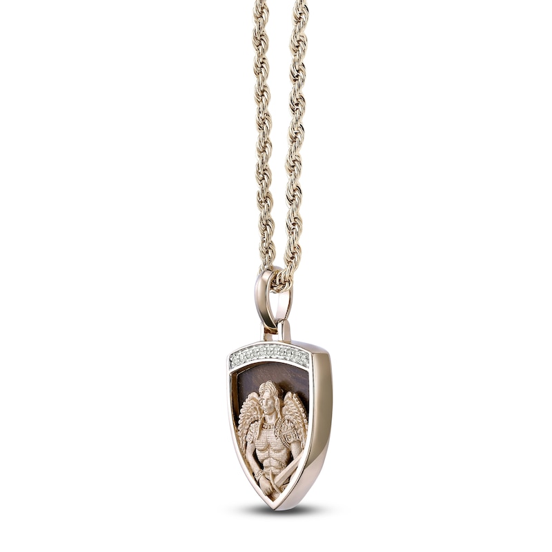 Main Image 2 of Men's Natural Tiger's Eye Quartz & Diamond Angel Warrior Shield Necklace 1/10 ct tw 14K Yellow Gold-Plated Sterling Silver 24"