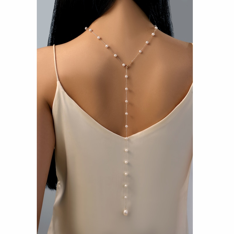Main Image 4 of Cultured Pearl Station Back Drop Necklace 14K Yellow Gold 28"