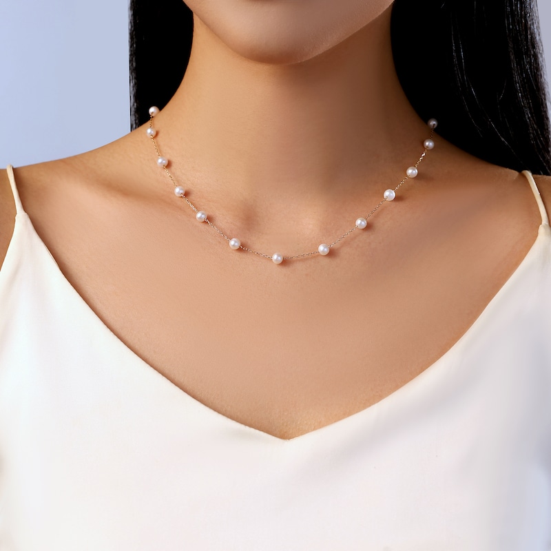 Main Image 5 of Cultured Pearl Station Back Drop Necklace 14K Yellow Gold 28"