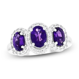 Oval-Cut Natural Amethyst & White Lab-Created Sapphire Three-Stone Halo Ring 10K White Gold