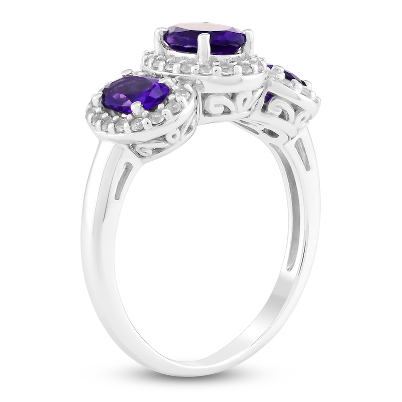 Main Image 2 of Oval-Cut Natural Amethyst & White Lab-Created Sapphire Three-Stone Halo Ring 10K White Gold