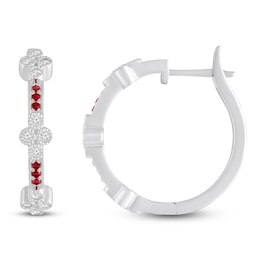 Natural Ruby & Diamond Clover Hoop Earrings 1/4 ct tw 10K White Gold