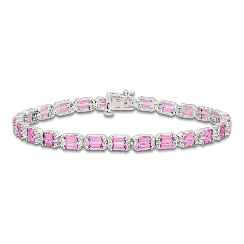 Main Image 1 of Baguette-Cut Pink & White Lab-Created Sapphire Bracelet Sterling Silver 7"