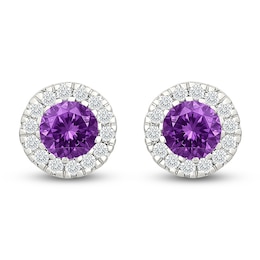 Round-Cut Amethyst & Diamond Halo Stud Earrings 1/8 ct tw 10K White Gold
