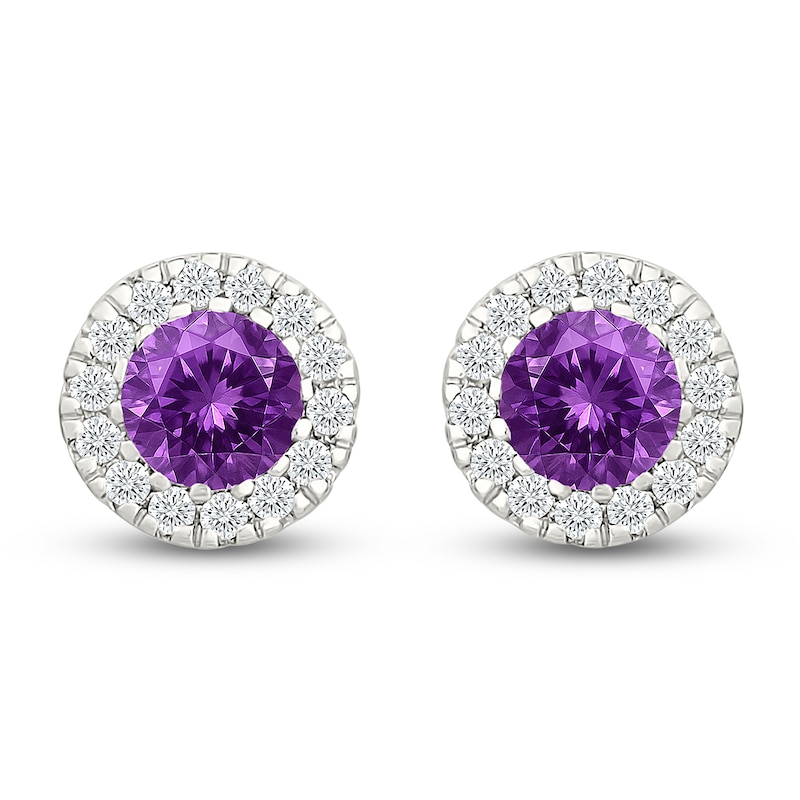 Main Image 1 of Round-Cut Amethyst & Diamond Halo Stud Earrings 1/8 ct tw 10K White Gold